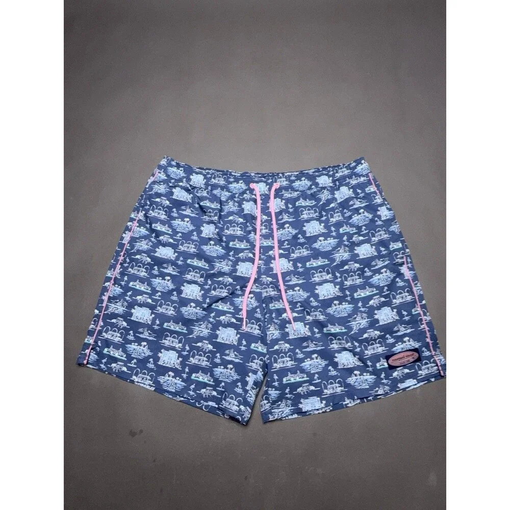 Vineyard Vines Printed Chappy Swim Trunks Shorts Blue Lined Men’s Size L